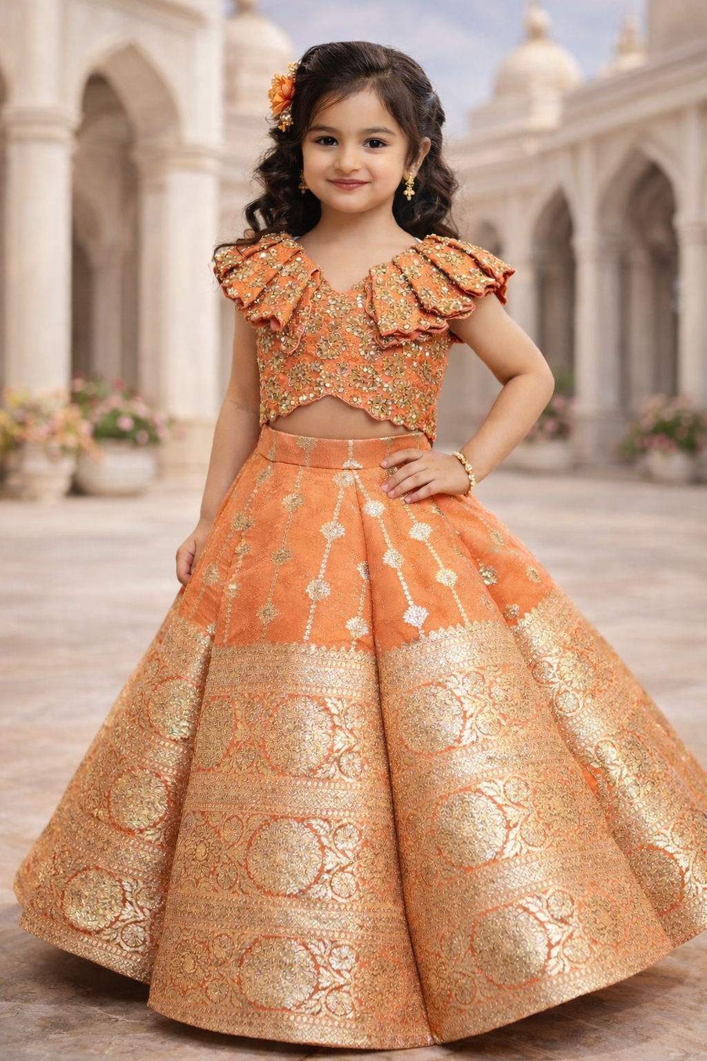 Royal Orange & Gold Banarasi Lehenga for Girls | UV ROYAL SILKS